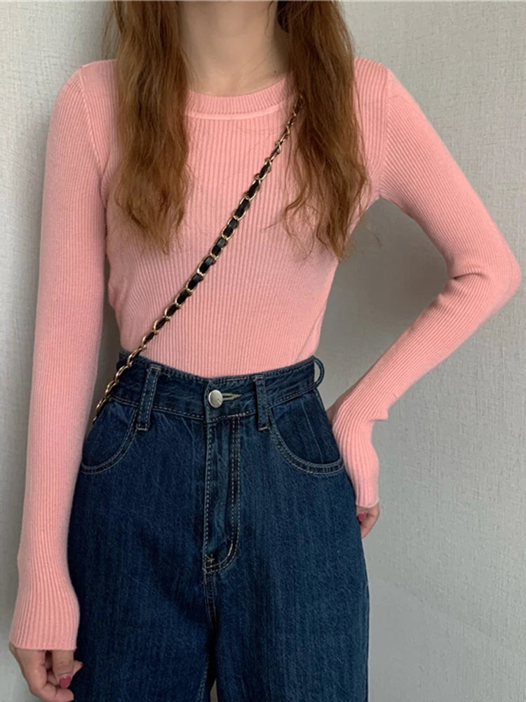 2025 New Women Sweater Long Sleeve Pullover Basic Top Fashion O-neck Elastic Female Winter Solid Knitted Jumper