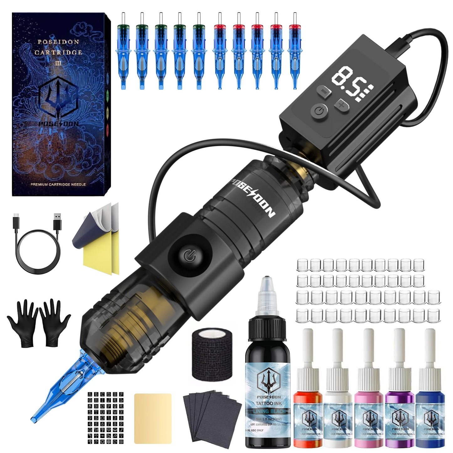 Tattoo Kit POSEIDON High Power Tattoo Pen Kit For Permanent Makeup Tattoo Machine Kit Hot Red Tattoo Power Supply Tattoo Gun Kit