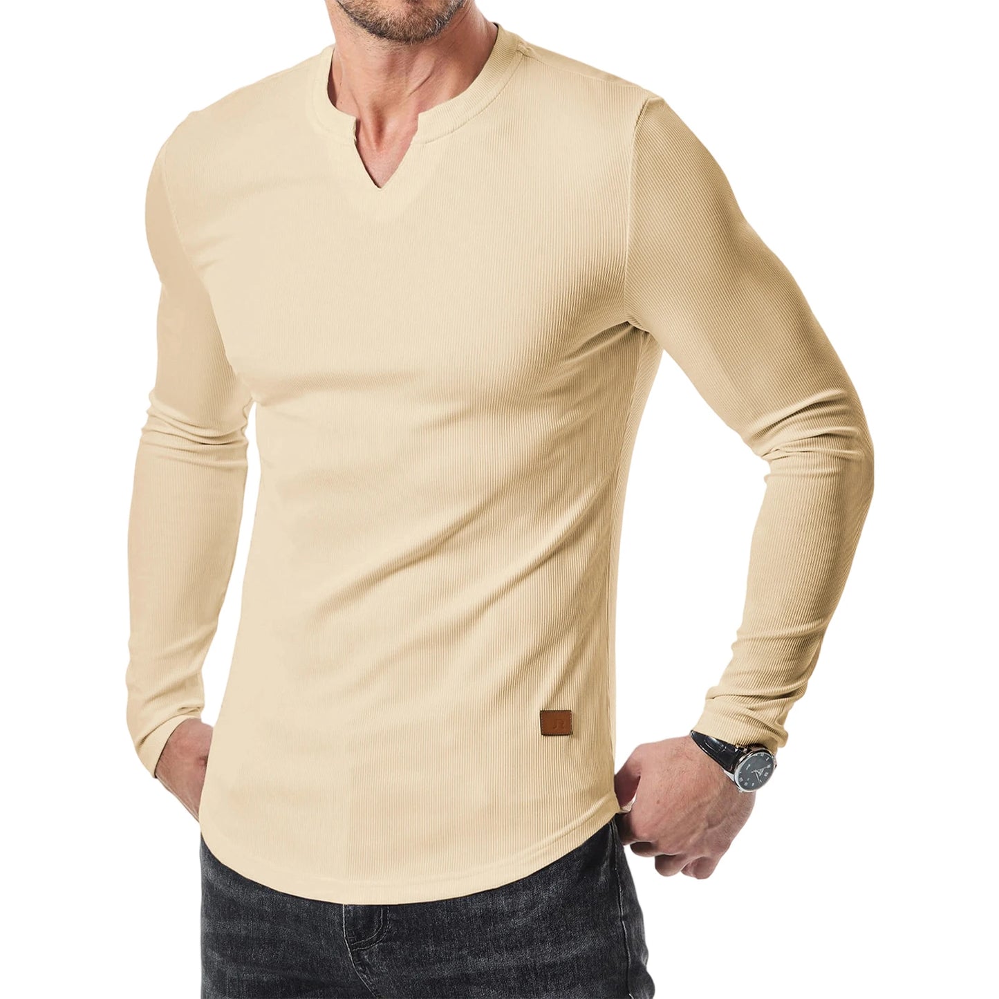 Men s Casual  Fit Long Sleeve Solid Color Muscle Shirts Spring Fall Tops Fashionable Comfortable T-Shirts