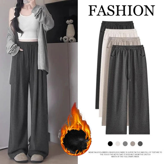 Winter Female Snow Warm Wide Leg Pants Girls Korean Plush High Waist Trousers Women Fleece Thermal Casual Daily Pants