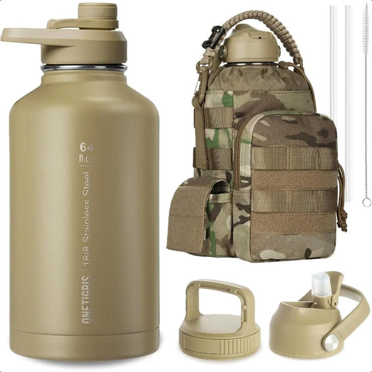 Tactical Half Gallon Water Bottle 64 oz Vacuum Insulated 3 BPA Free Lids Paracord Handle MOLLE Water Pouch Leakproof Sport Bott