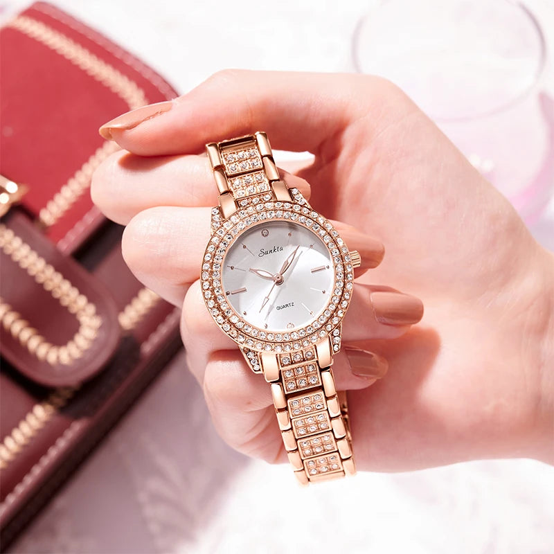 SUNKTA Womens Watches Fashion Original Quartz Wrist Watch for Ladies Roman Dial Dazzling Diamond Waterproof Luminous Luxury