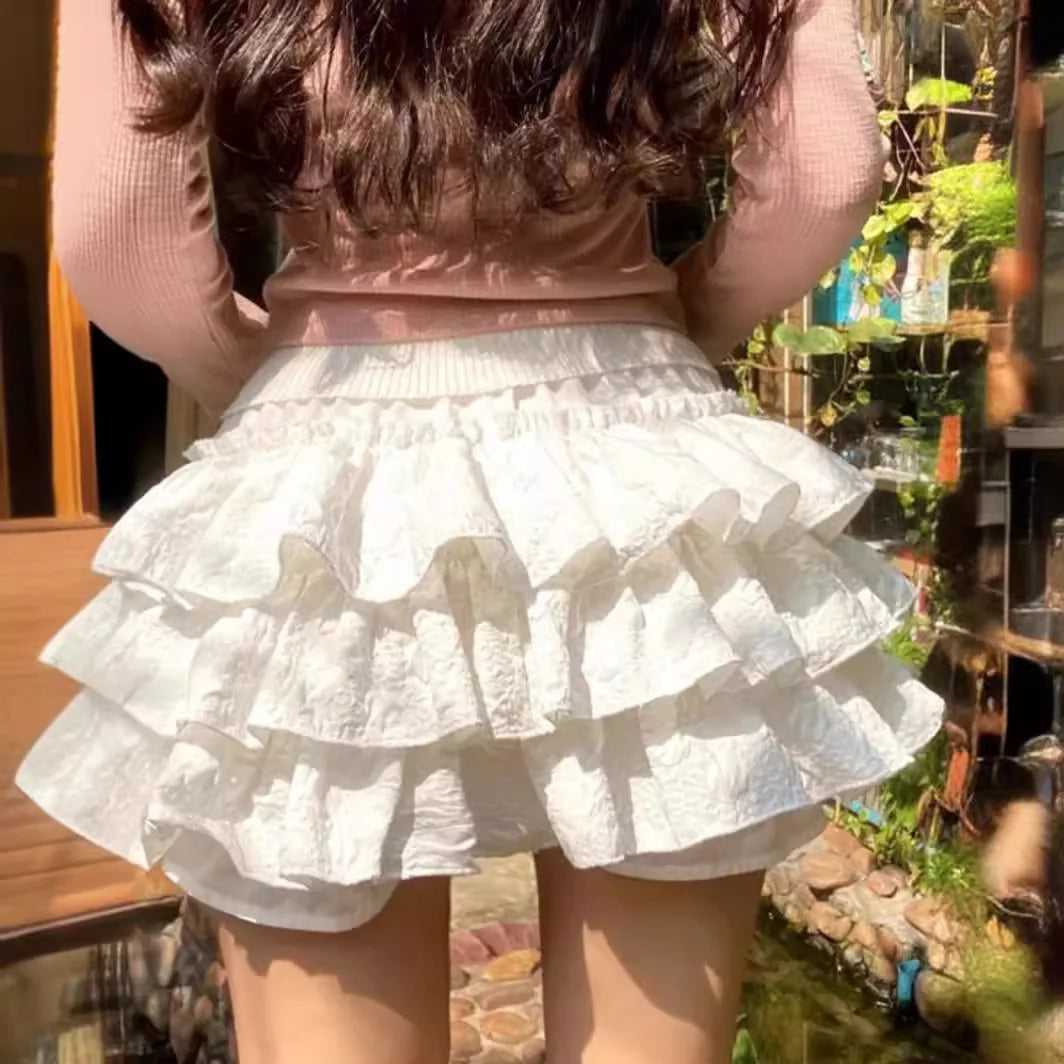 Women Kawaii Lolita Shorts Skirt 2024 Summer Ruffles Layered Patchwork High Waist Mini Skirts Girl Sweet White Pleated Skirt