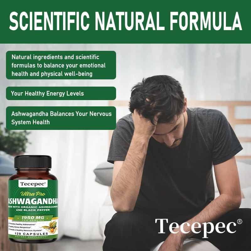 Organic Ashwagandha 1,950 mg - Super Relaxation, Calm Support, Natural Focus & Energy Support Supplement - 180 Capsules