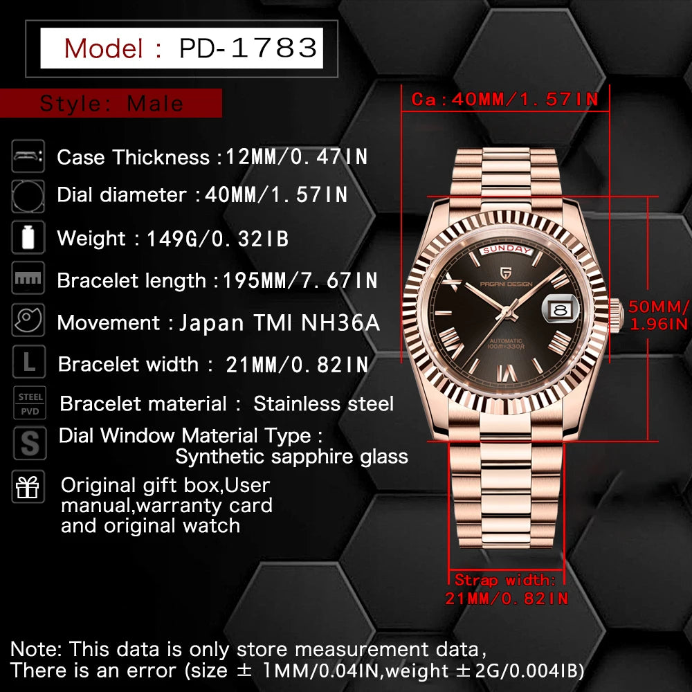 PAGANI DESIGN DD40 Luxury Rose Gold Automatic Watch Men Japan NH36A Mechanical Wristwatch Men Stainless steel Waterproof Watches