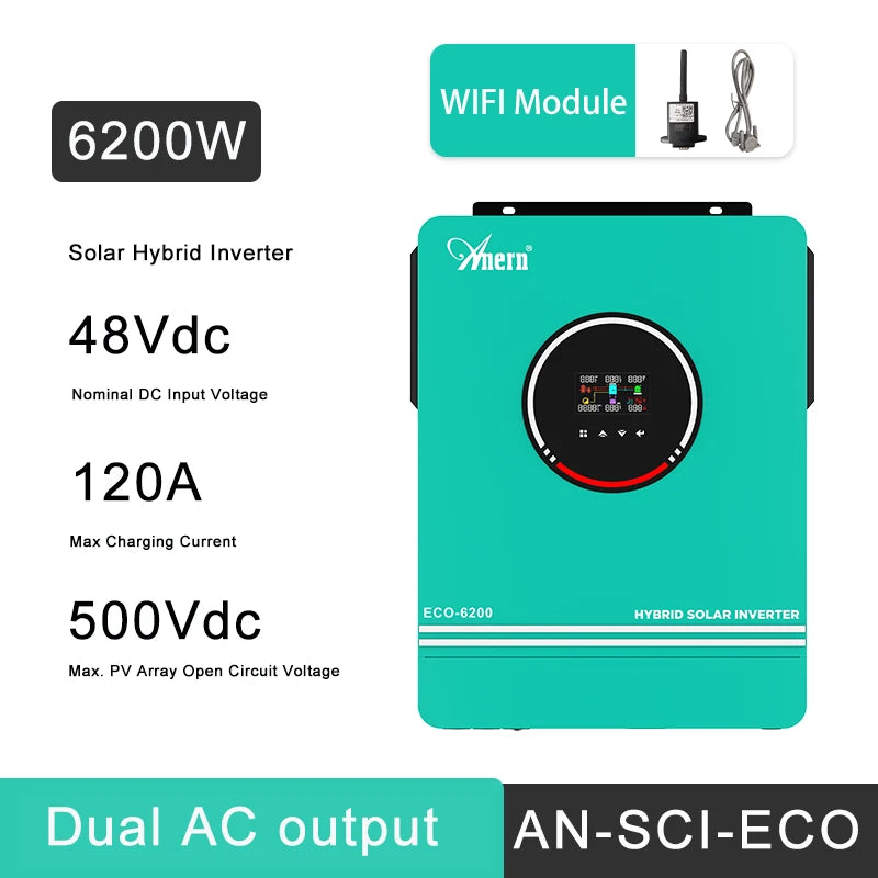 Anern 6.2KW 4.2KW 3KW 1.6KW Hybrid Inverter Off Grid Dual AC Output MPPT 120A on Grid Solar Inverter 48V 24V 12V 230V PV 500Vdc