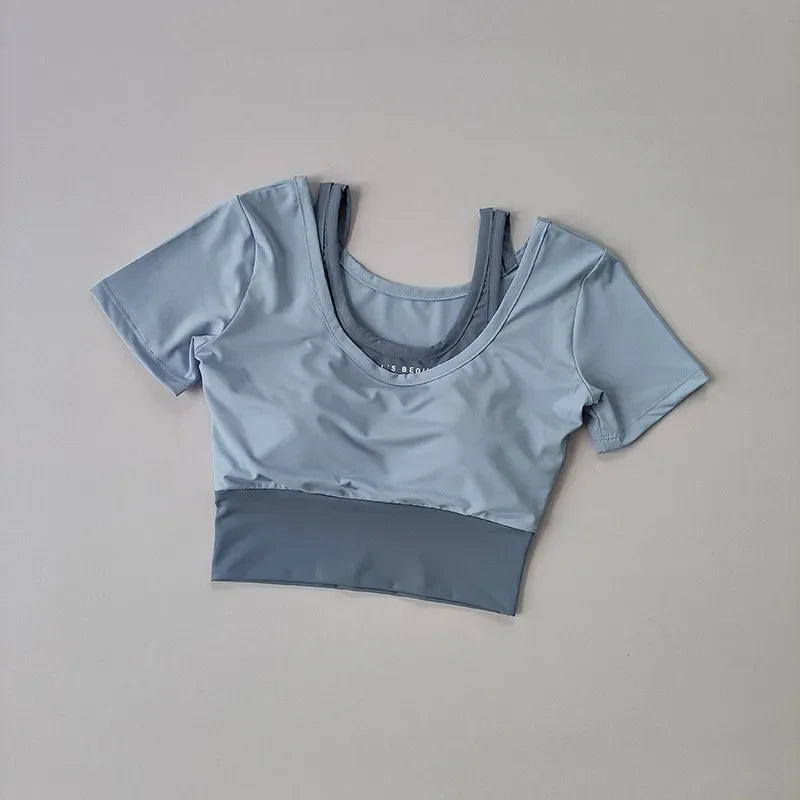 Women's Padded Yoga Shirts Short Sleeve Sports Crop Top Fitness Gym Workout T-Shirt Sexy Cropped Running Tights Clothing