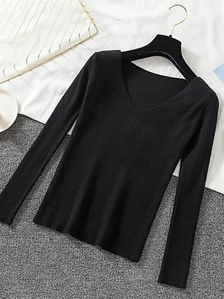 2025 Fashion V-neck Elastic Basic Top New Women Sweater Long Sleeve Pullover Female Winter Solid Knitted Jumper