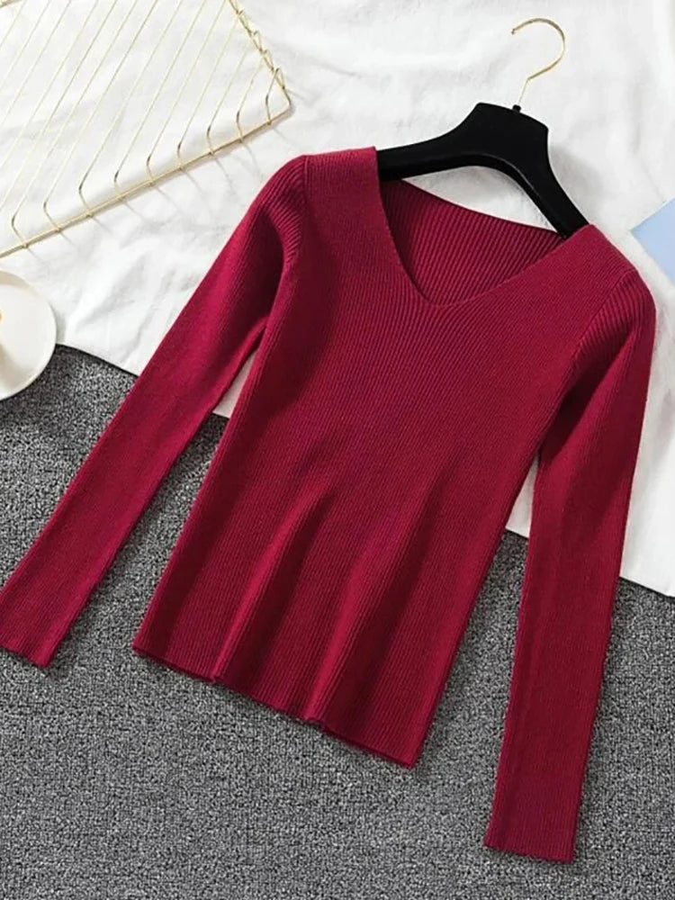2025 Fashion V-neck Elastic Basic Top New Women Sweater Long Sleeve Pullover Female Winter Solid Knitted Jumper