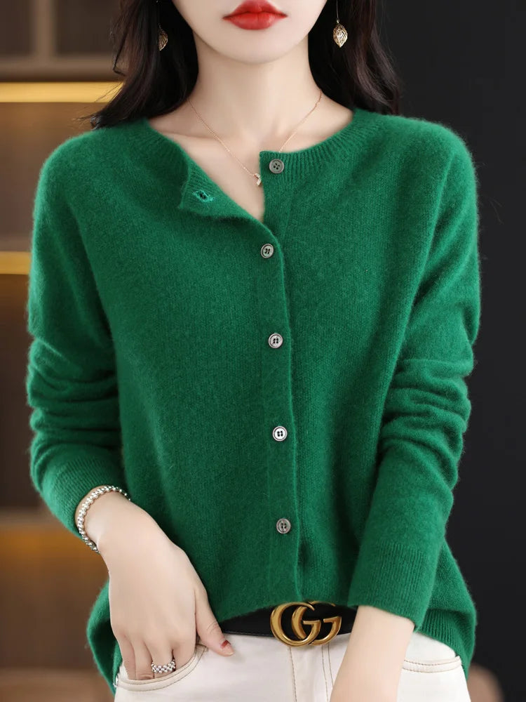 New Fashion 100% Merino Wool Women's O-neck Cardigan Cashmere Sweater 2025 Female Clothing Grace Knitwear Korean Tops