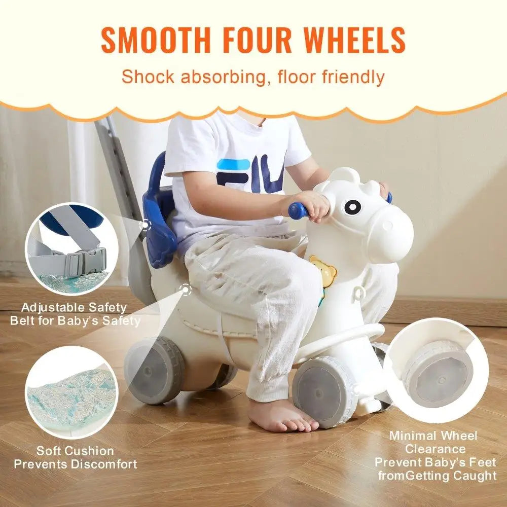 Toddler Rocking Horse for 1-3 Year Olds 4-in-1 Design Detachable Balance Board Push Handle Smooth Wheels with Sound Blue