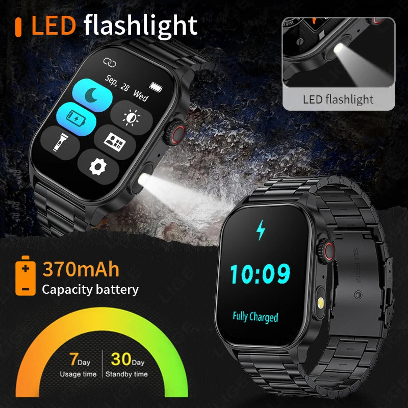 LIGE New Smart Watch LED Flashlight Military Sport Watches 2.01'' Screen Health Monitor Bluetooth Call Waterproof Smartwatch Men