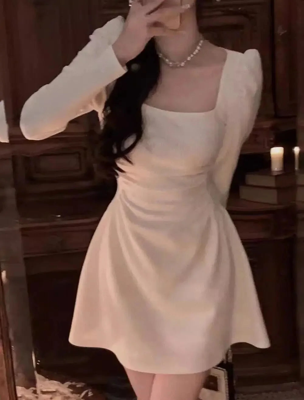 Elegant French Style Square Collar Long Sleeve Dress Women's Fashion Slimming Waist Cinched Autumn New Mini Dress Polyester Fibe