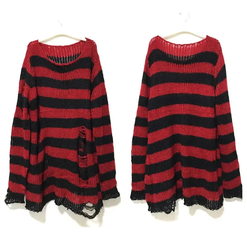 New Autumn Punk Gothic Long Unisex Sweater Women Striped Cool Hollow Out Hole Broken Jumper Loose Rock Thin Dark Streetwear Top