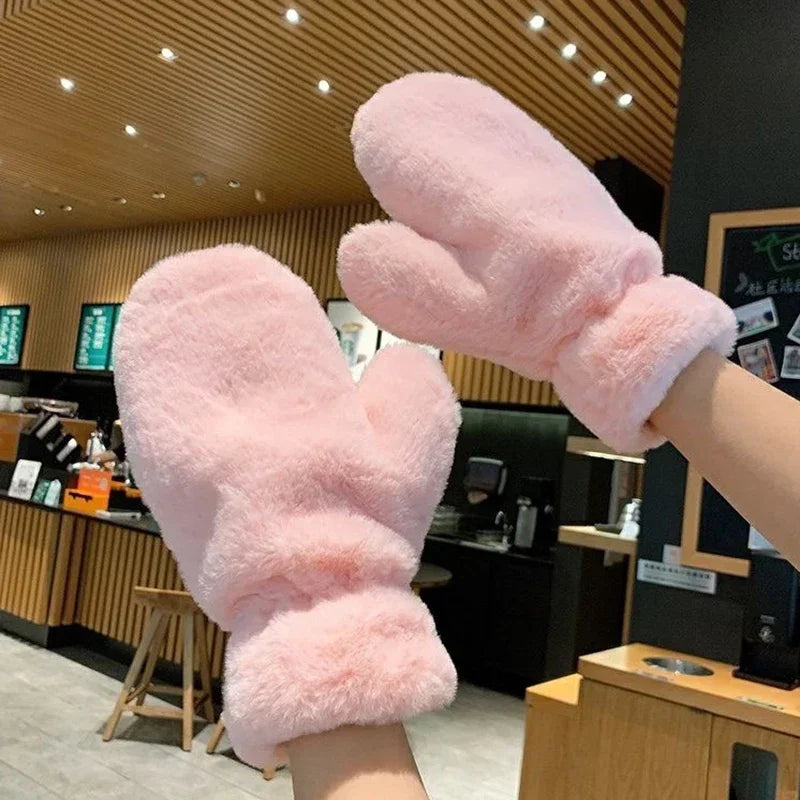 Elegant Thicken Plush Soft Winter Fingerless Gloves Women Warm Fur Mittens Cold Protection Velvet lining Outdoor Fluffy Gloves