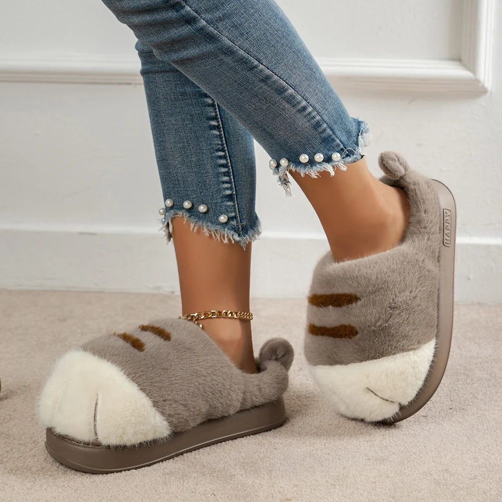 3D Cat Paw Plush Slippers Flat Thermal Slippers Comfortable Fluffy Home Slippers Furry Paw Couple Slippers for Autumn Winter