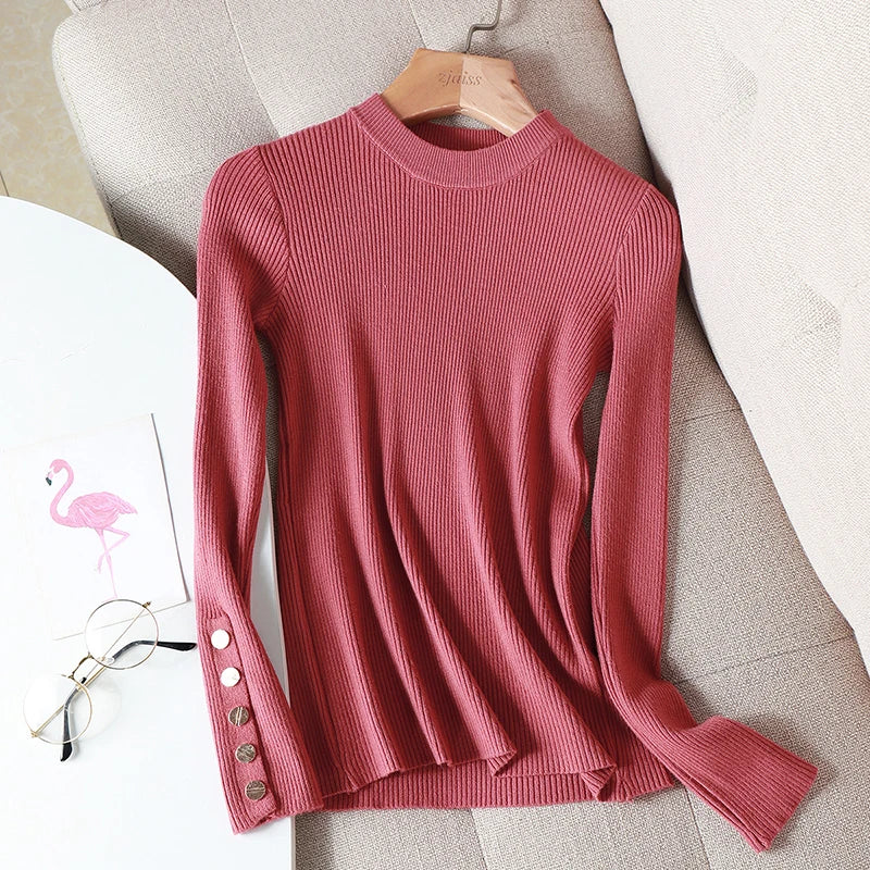 2025 Casual Women Sweater Pullovers Button Long Sleeve O-neck Chic Sweater Female Slim Knitted Soft Jumper Tops