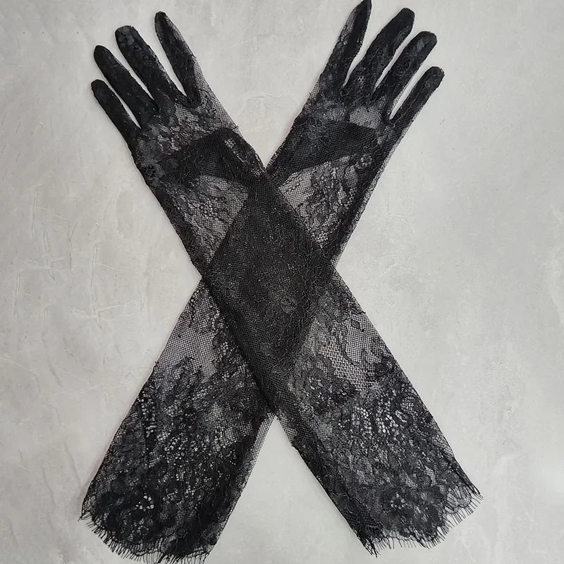 Sexy Thin Women Lace Flower White Black Long Gloves Transparent Mesh Eyelash Tulle Bridal Wedding Party Dress Accessories
