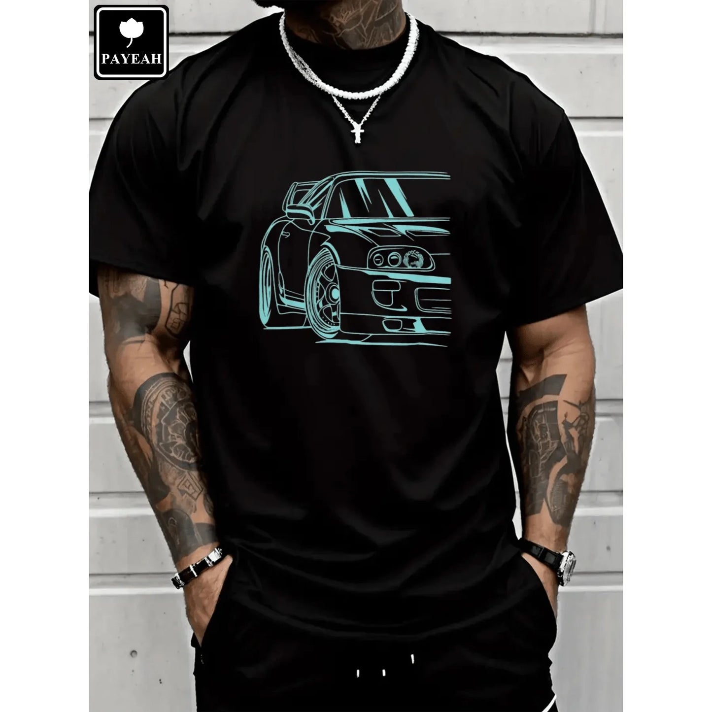 Graphic Mens Cotton T-Shirt  Black Casual Summer Car Challenger Racing Automobile T-Shirt DesignComfortable For Daily WearTravel