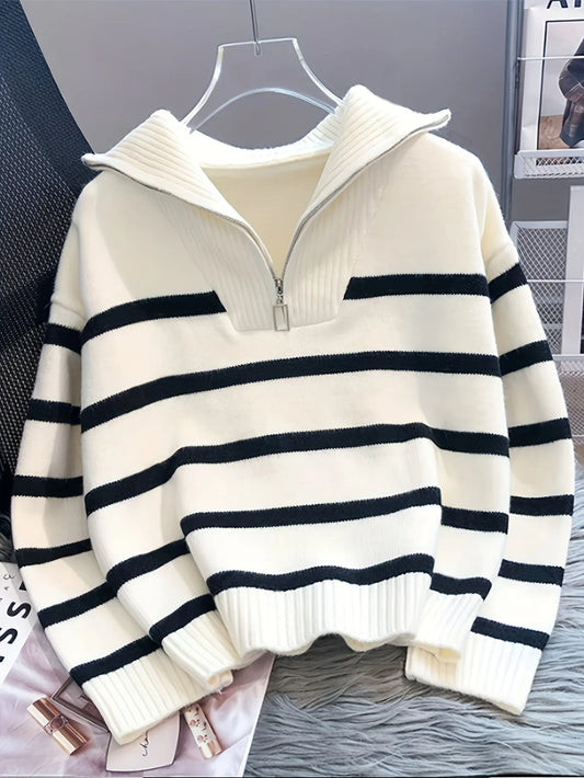 New Fashion Woman Sweater Thickened Zipper Striped Undershirt Short Pullover Top Women's Clothing