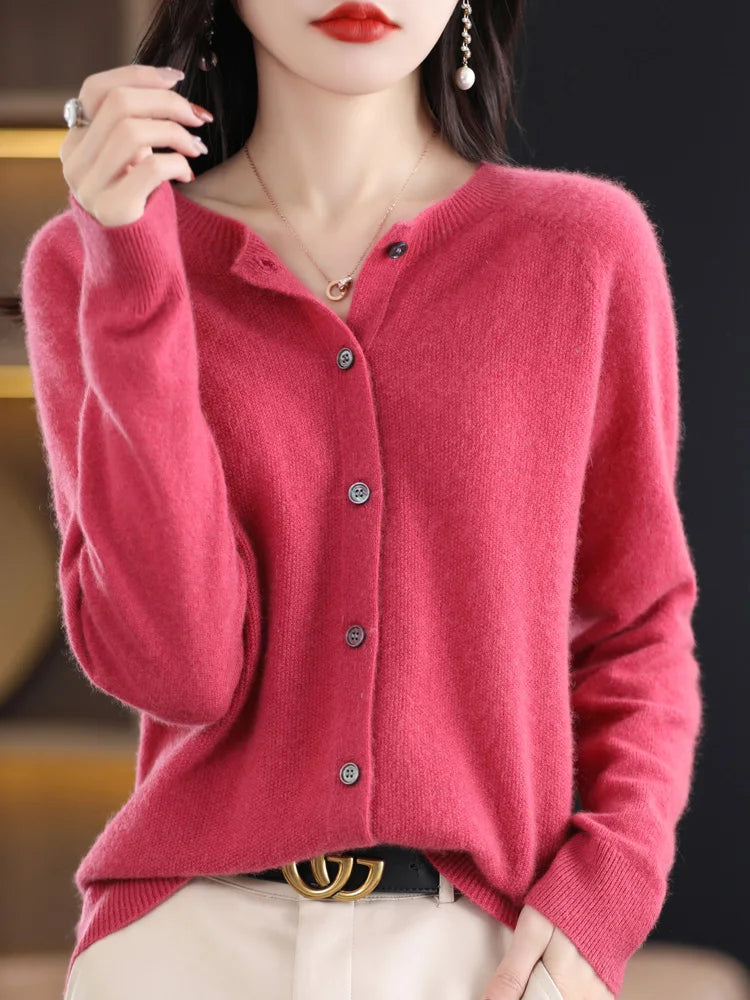New Fashion 100% Merino Wool Women's O-neck Cardigan Cashmere Sweater 2025 Female Clothing Grace Knitwear Korean Tops