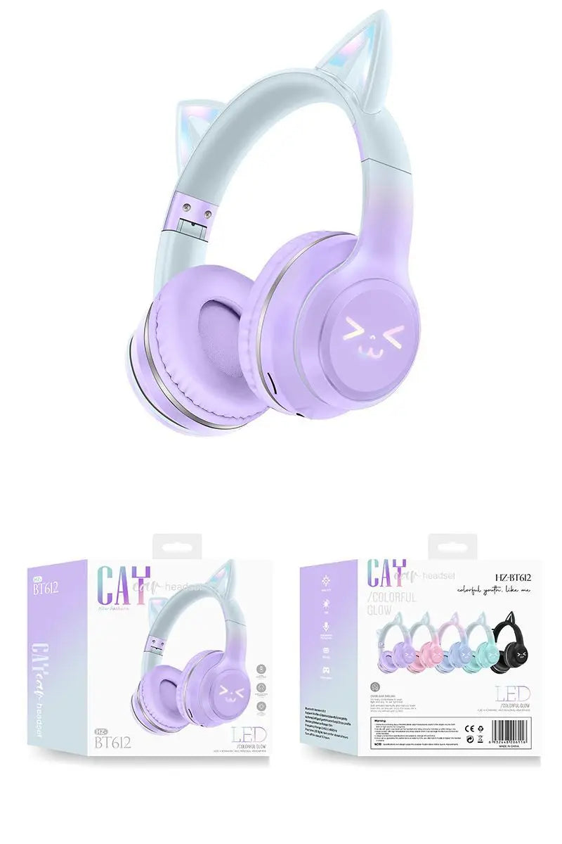 Wireless Headphones RGB Cute Cat Girls Kids Gift Headset with Microphone Stereo Music Gaming Earbud Control Lights Earphone