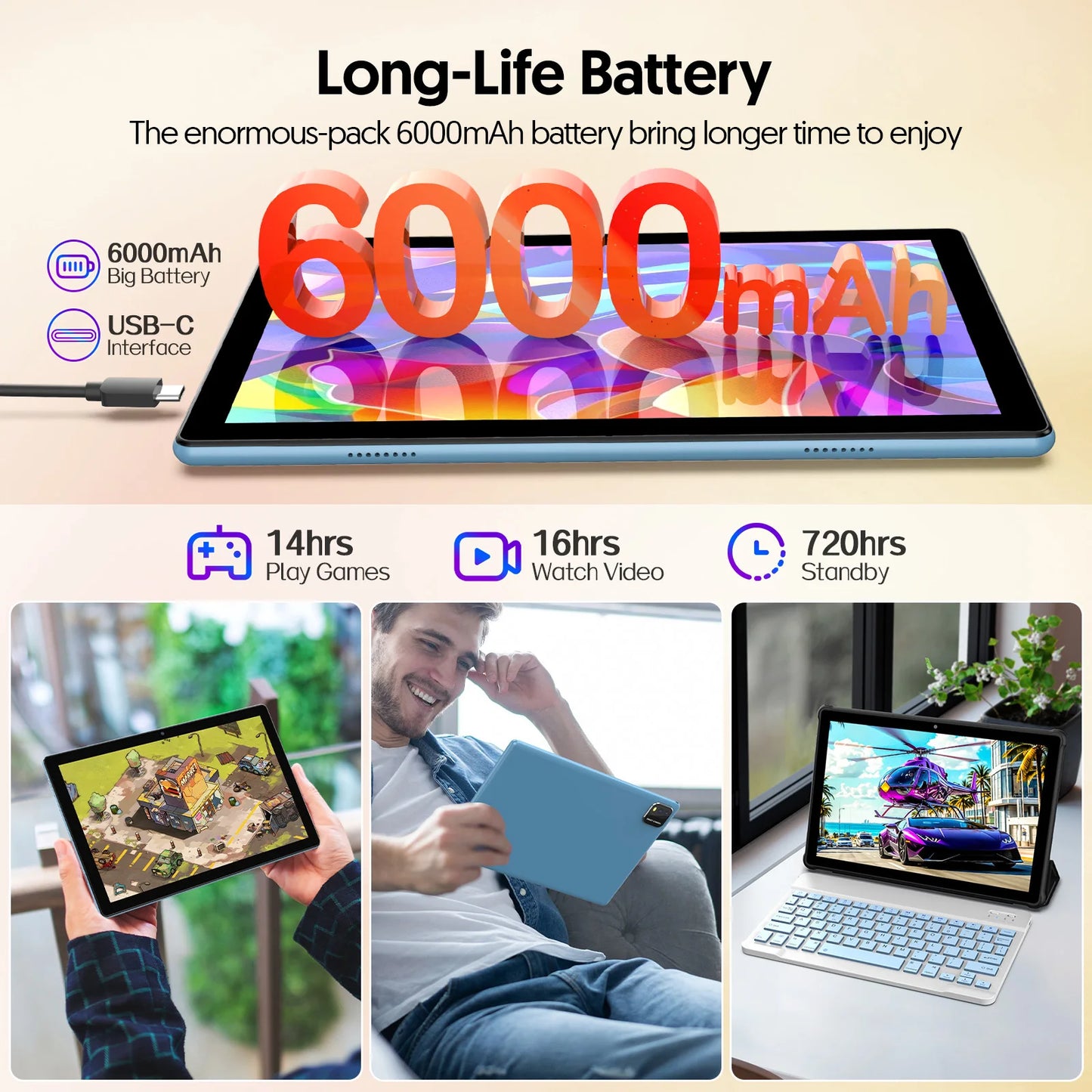 BAKEN Android 14 tablet, 10.1 inches, quad-core processor, 6GB RAM + 64GB ROM, 600GB expansion memory, 6000mAh