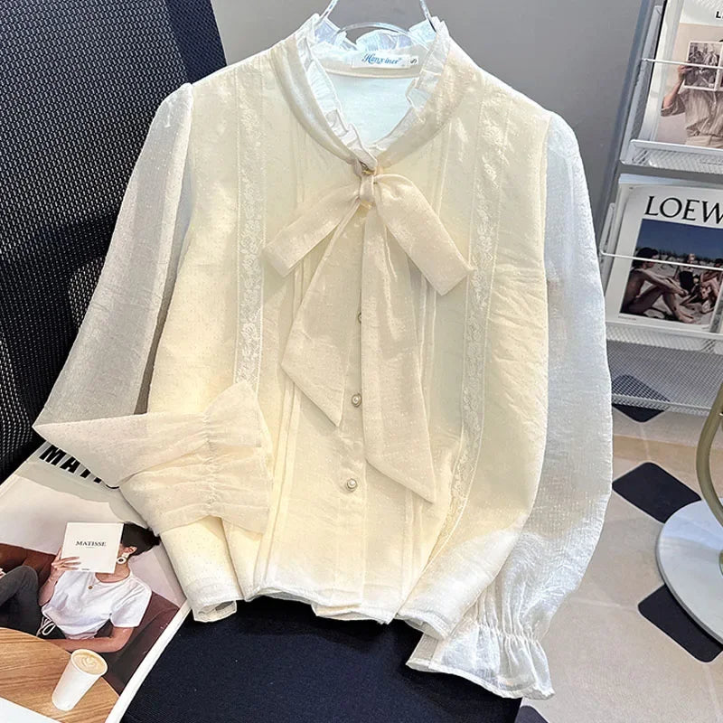 Women Shirt Blouse New Long Sleeve Ruffled Collar Lace-up Chiffon Shirt Blouse Women Tops Blouses Shirts Blusas Para Mujer Q553