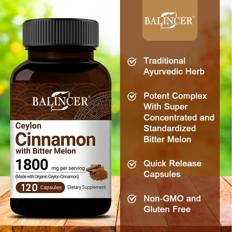 Ceylon Cinnamon 1800mg - Organic Ceylon Cinnamon & Organic Bitter Melon, 2-in-1 Support, Bone, Joint, Blood Sugar, Antioxidant