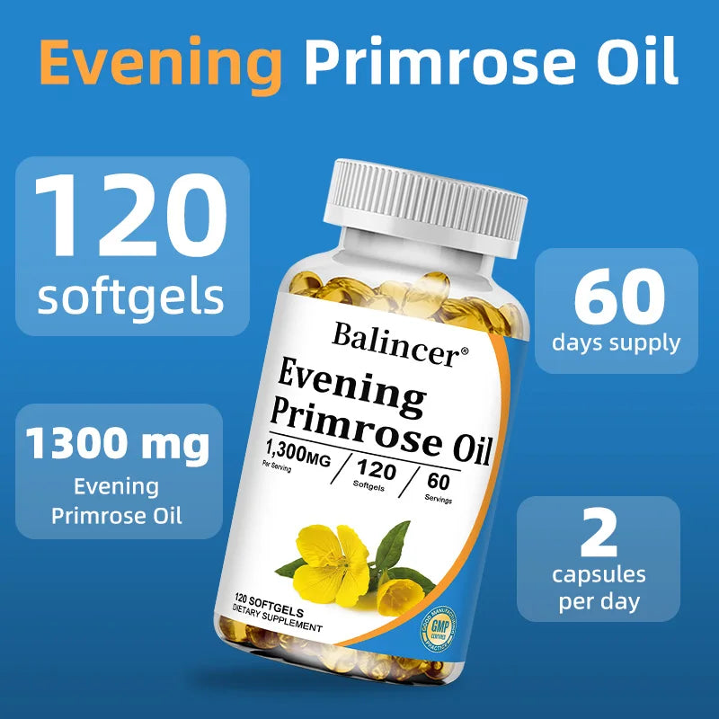 Evening Primrose Oil 1,300 Mg, 120 Softgels, Promotes Skin Health and Overall Health, Non-GMO, Gluten-free