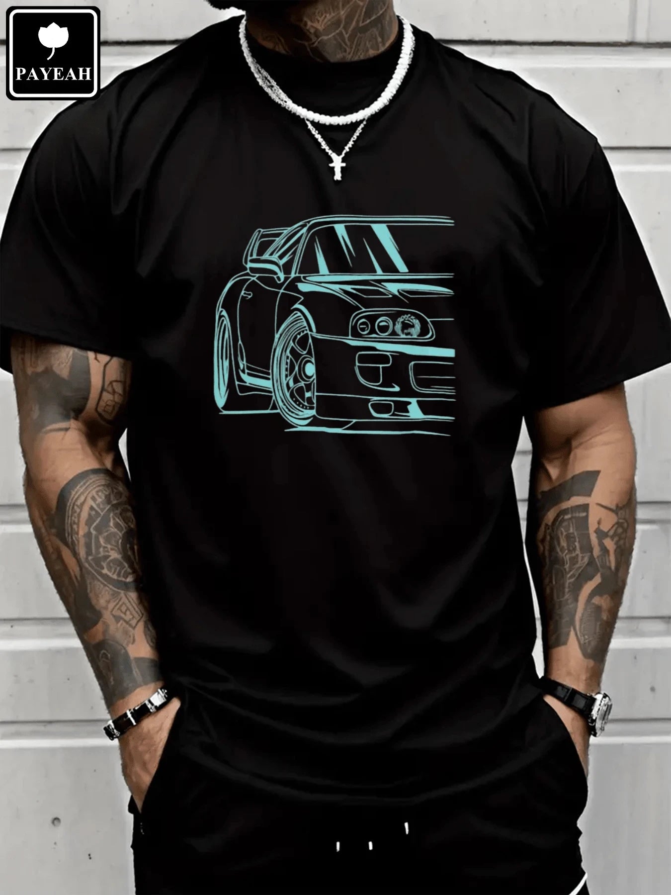 Graphic Mens Cotton T-Shirt  Black Casual Summer Car Challenger Racing Automobile T-Shirt DesignComfortable For Daily WearTravel