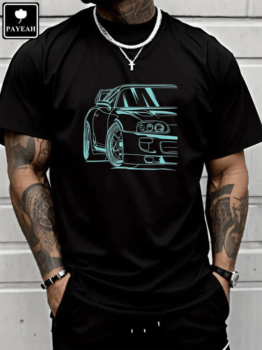 Graphic Mens Cotton T-Shirt  Black Casual Summer Car Challenger Racing Automobile T-Shirt DesignComfortable For Daily WearTravel