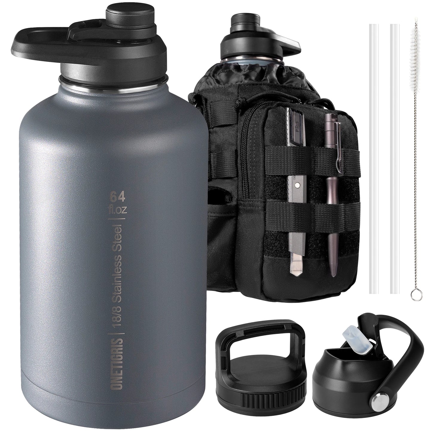 OneTigris 64oz Insulated Water Bottle, Stainless Steel Tactical Water Jug with 3 Lids, Straw, Leak-Proof Design & Carry Bag