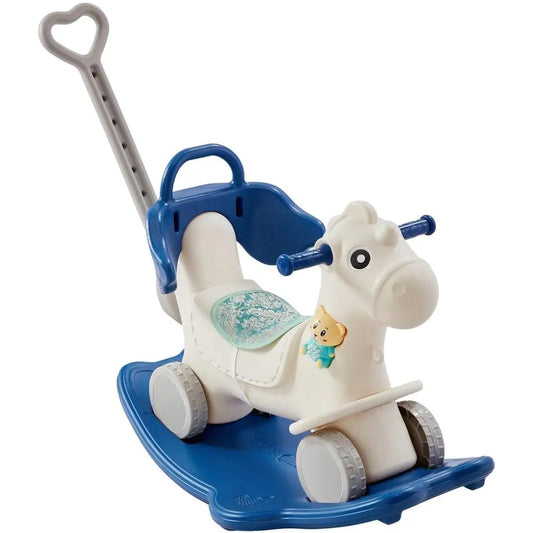 Toddler Rocking Horse for 1-3 Year Olds 4-in-1 Design Detachable Balance Board Push Handle Smooth Wheels with Sound Blue