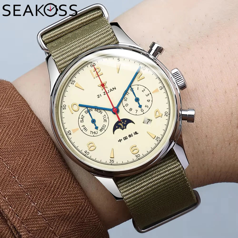 Seakoss 40mm MultiFunction Men's Automatic Watches Calendar Week Month Sapphire Glass Nylon Strap 1963 Pilot Mechanical Watch