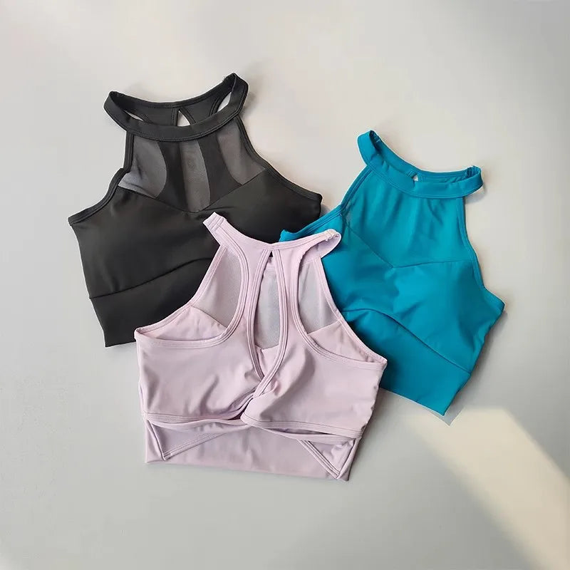 Sexy mesh sports bra with pads yoga clothes vest for women running beauty back gym top sports bra quick-dry fitness tank vest