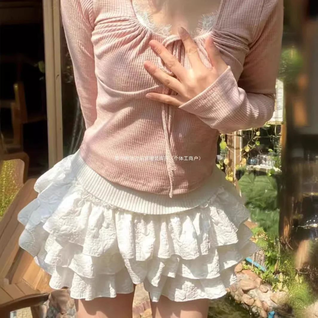Women Kawaii Lolita Shorts Skirt 2024 Summer Ruffles Layered Patchwork High Waist Mini Skirts Girl Sweet White Pleated Skirt