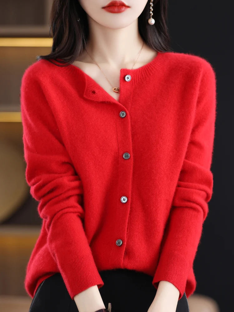 New Fashion 100% Merino Wool Women's O-neck Cardigan Cashmere Sweater 2025 Female Clothing Grace Knitwear Korean Tops