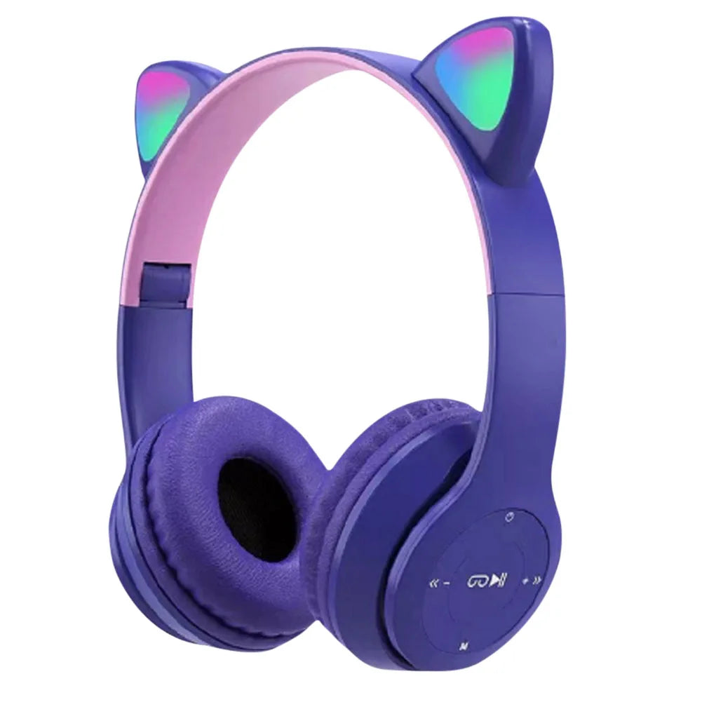 Wireless Headphones Cat Ear Bluetooth-Compatible Helmets Glow Light Over-Ear Headsets Cute Sports Headphones for Kids and Adult