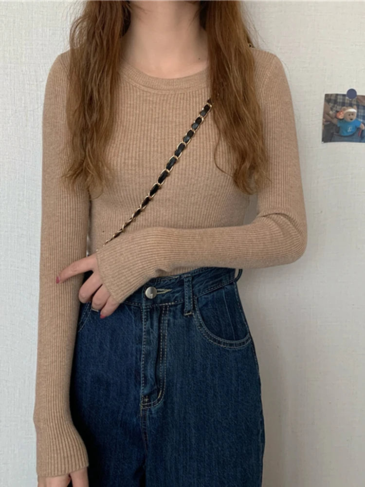 2025 New Women Sweater Long Sleeve Pullover Basic Top Fashion O-neck Elastic Female Winter Solid Knitted Jumper