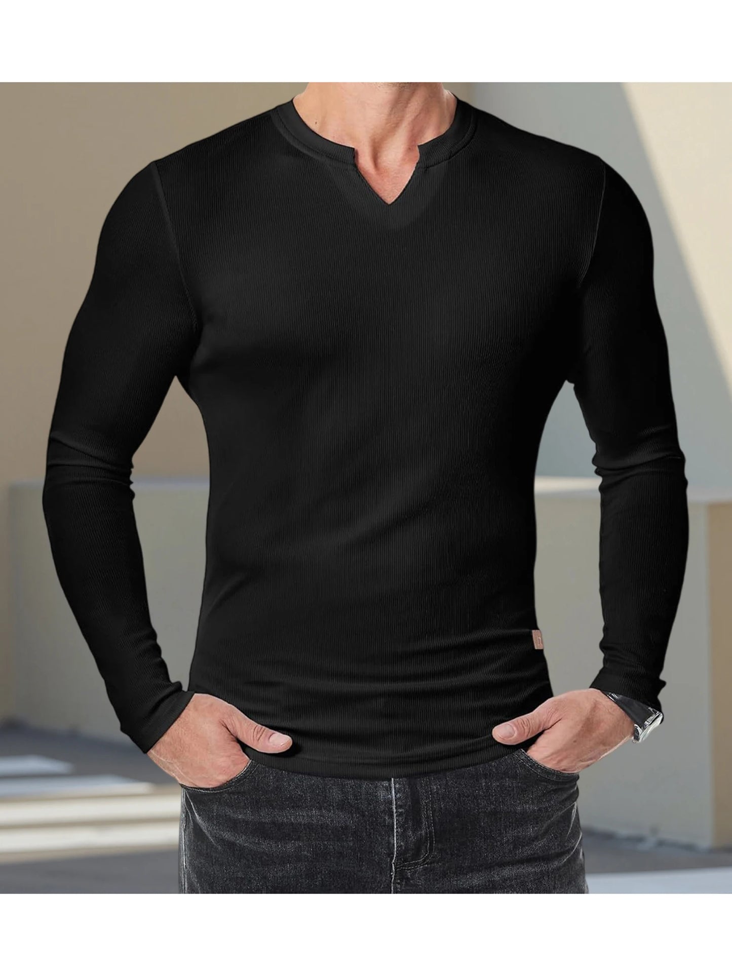 Men s Casual  Fit Long Sleeve Solid Color Muscle Shirts Spring Fall Tops Fashionable Comfortable T-Shirts