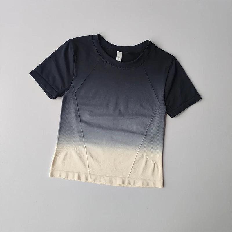 Women's Seamless Yoga Shirt Short Sleeve Crop Top Fitness Gradient Sport T-shirts Workout Gym Clothes for Running