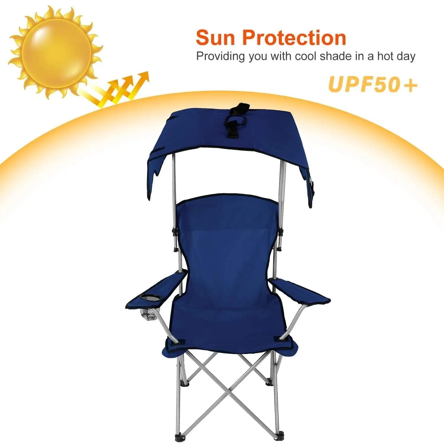 Camping Chair with Canopy, Outdoor Folding Lounge Chair with Adjustable UPF 50+ Sun Shade & Cup Holder, Portable Camping Recline