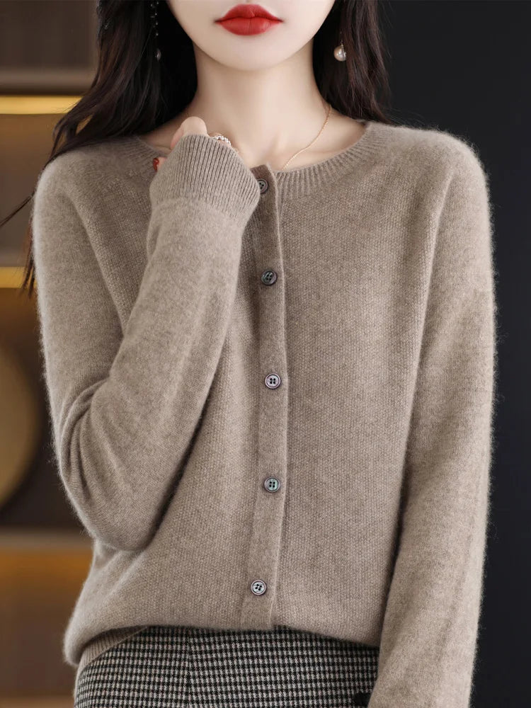 New Fashion 100% Merino Wool Women's O-neck Cardigan Cashmere Sweater 2025 Female Clothing Grace Knitwear Korean Tops
