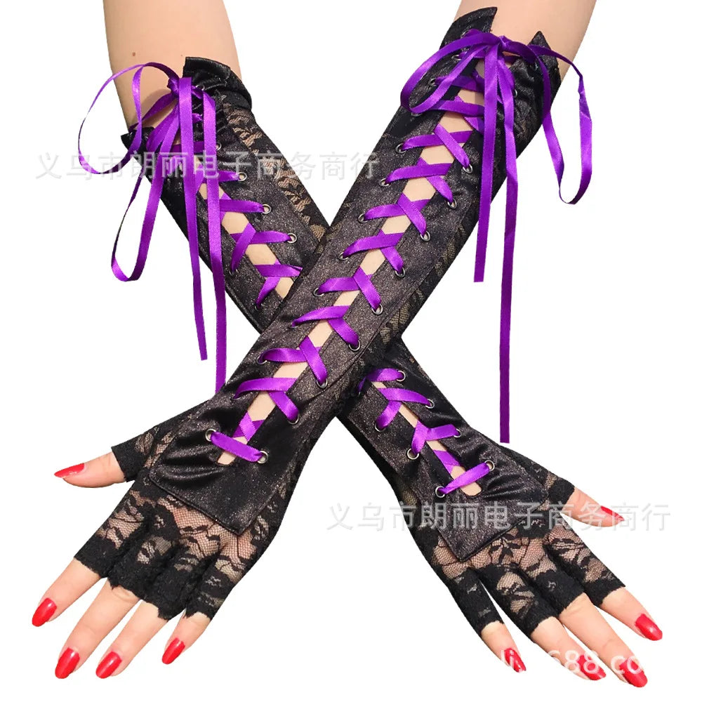 Sexy Lace Strap Gloves Long Ribbon Half Finger Prom Gloves Show Nightclub Dinner Cosplay Punk Gothic Lolita Cool Glove