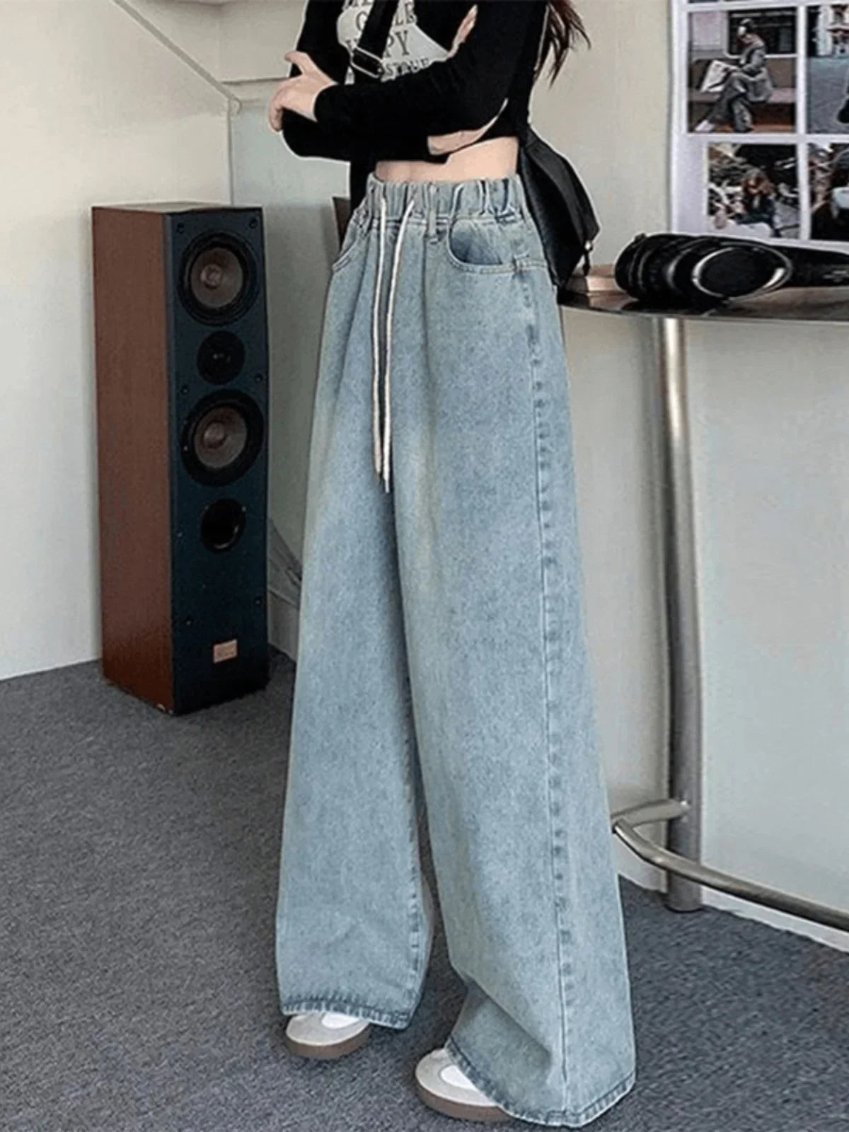 Botvotee Elastic Waist High Waist Wide Leg Jeans for Women Loose Straight Blue Long Denim Pants Female Fashion Streetwear Jeans