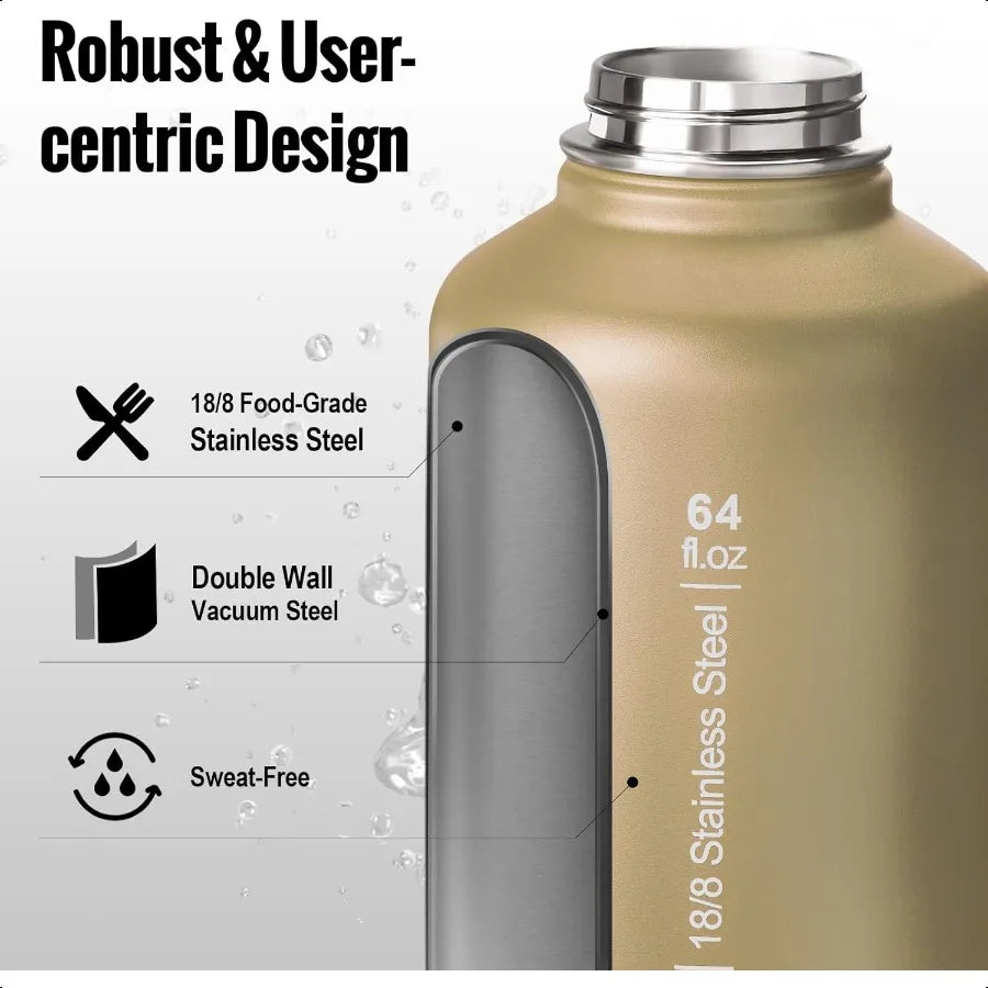 Tactical Half Gallon Water Bottle 64 oz Vacuum Insulated 3 BPA Free Lids Paracord Handle MOLLE Water Pouch Leakproof Sport Bott