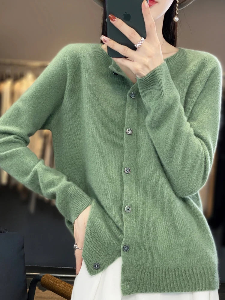 New Fashion 100% Merino Wool Women's O-neck Cardigan Cashmere Sweater 2025 Female Clothing Grace Knitwear Korean Tops