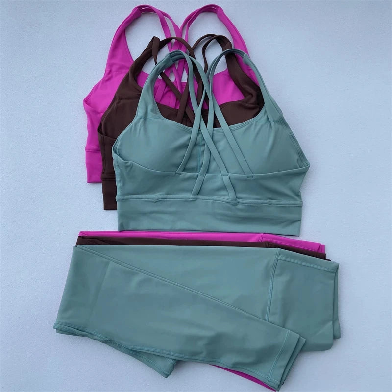 Solid Color Gym Fitness Set Tight Soft cross Fitness Bra 2pc compression High Waist Yoga Legging Suit Comprehensive Training Jog