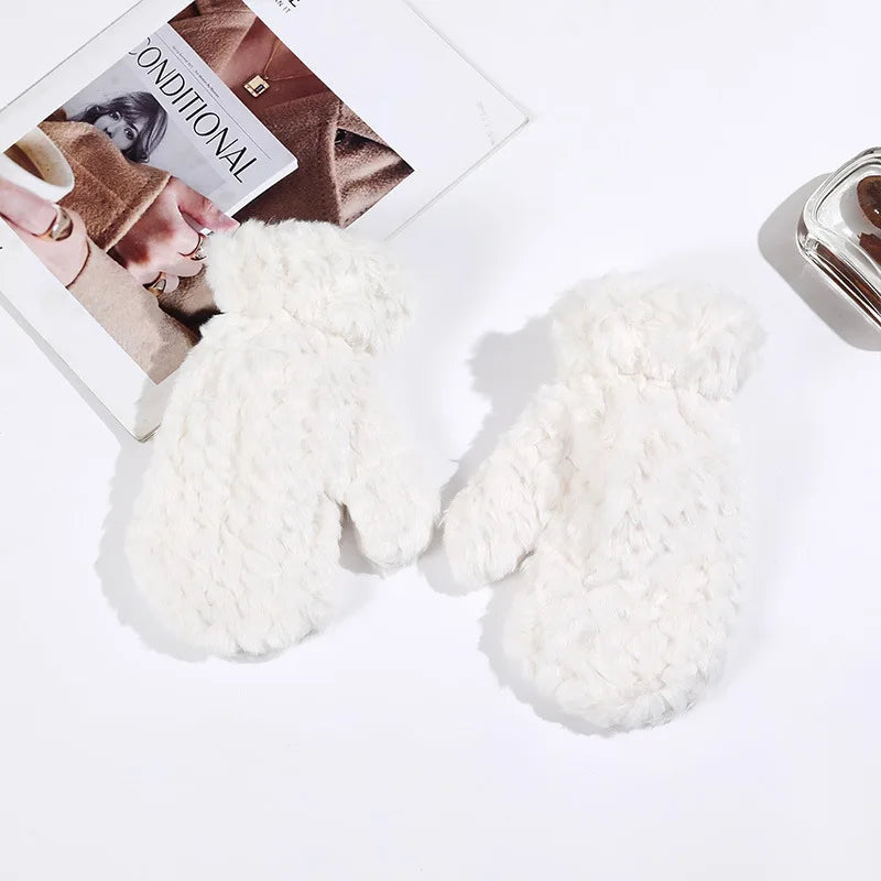 Elegant Thicken Plush Soft Winter Fingerless Gloves Women Warm Fur Mittens Cold Protection Velvet lining Outdoor Fluffy Gloves